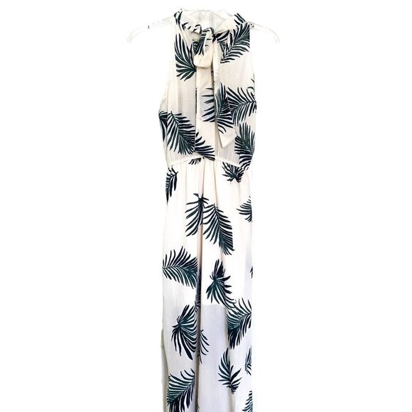 Vici Dolls Cream Green Palm Print High Neck Side Slit Resort Maxi Dress Small - Picture 5 of 6